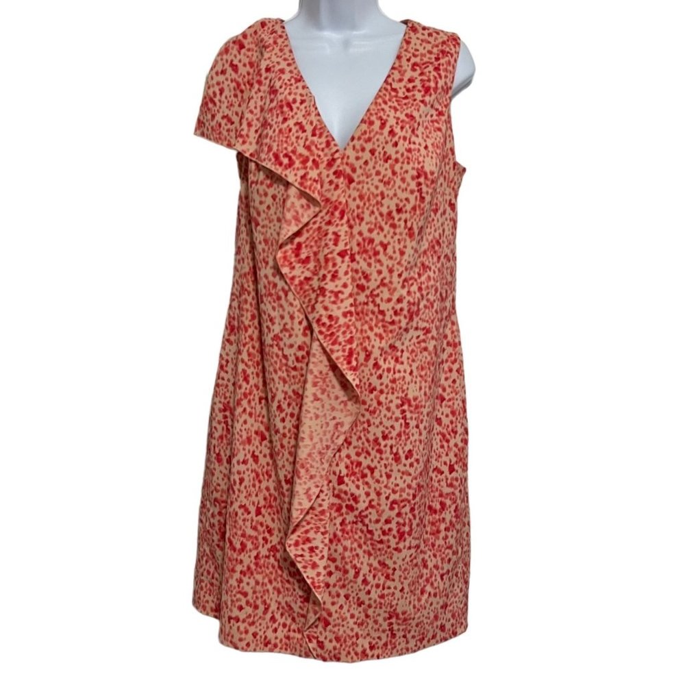 Ann Taylor Ruffle Dress Pink Cream Printed Sleeveless Lined V Neck Size 8